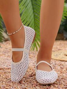 New Women's Fashionable Casual Contrast Mesh Knit Slip-On Flat White Sneakers, Suitable For Daily Commute, Dating, Vacation Outfits (Asymmetrical Pattern) - White - View 5