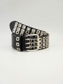 Cinto feminino estilo cowboy retrô com ilhós, três fileiras de detalhes vazados, estilo punk casual com tachas, ideal para mulheres com curvas. - Cinto de ilhós quadrado de três fileiras - Ver 4