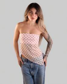 Women's Basic Asymmetrical Translucent Polka Dot Print Cropped Tube Top, Strapless, Summer, Strapless, Lining, Aitona - 淺色波點 - 查看 3