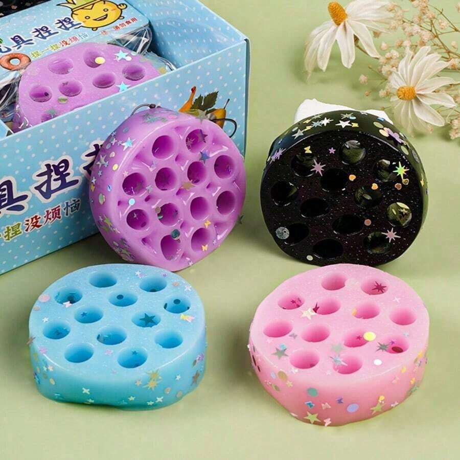 1Pc Glitter Coal Ball Squishy Toy, Soft Squeeze Stress Ball With Holes, Cute Fidget Toy Anxiety Relief, Adults - Black - View 1
