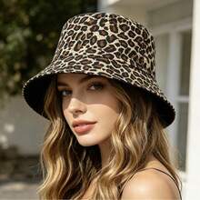 1pc Reversible Leopard Print Bucket Hat, Black And Leopard Print Double-Sided Design, Unisex Casual Hat, Outdoor Fishing Hat, Fashionable Streetwear, Suitable For Daily Wear And Beach,Holiday,Travel - Multicolor - View 5