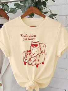 1packImpala Camiseta Casual de Manga Corta con Cuello Redondo para Mujer, con Estampado Gráfico de Gato 'Todo Bien Ya Ll playera de méxico tops - Albaricoque - Ver 2