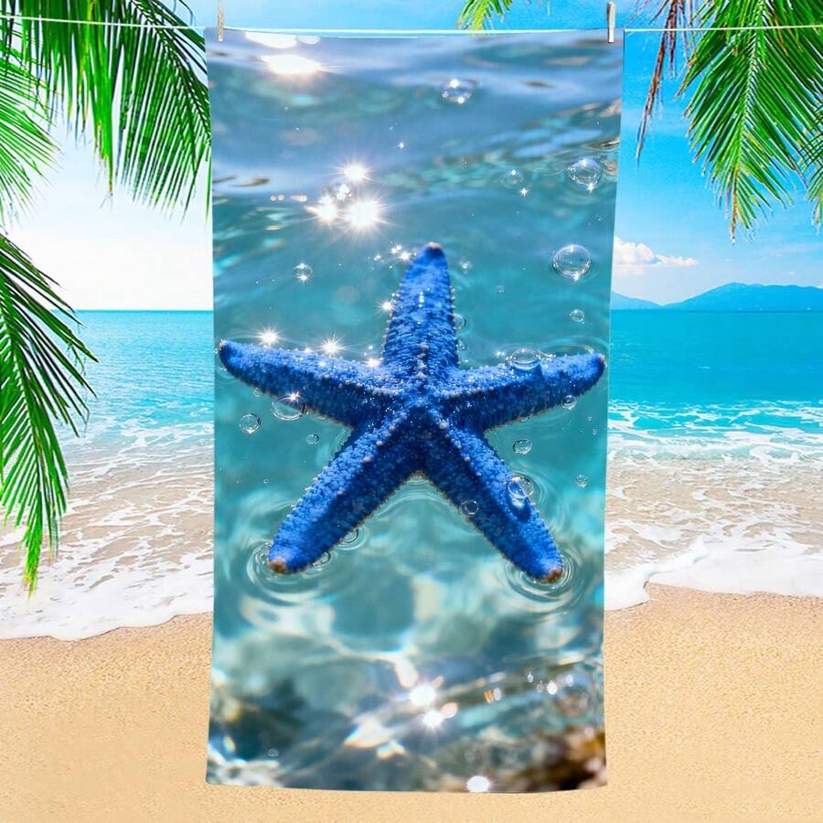 1条蓝色海星沙滩巾,超柔软超细纤维特大号沙滩毯,超强吸水浴巾,适合旅行、游泳池、潜水、冲浪、瑜伽、露营,多种尺寸可选,沙滩、泳池、旅行、露营、瑜伽用品 - 海星 - 查看 1