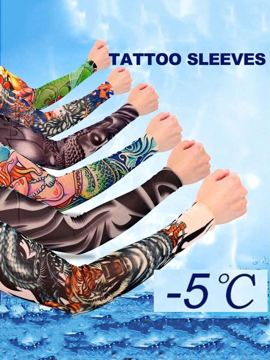 6pcs/Set Men's Sunscreen Tattoo Arm Sleeves, Summer Ice Silk Tattoo Cover Arm Warmers, Suitable For Fishing, Cycling And Outdoor Activities, Summer Essential (Patterns And Color Styles Sent Randomly) - A - View 1