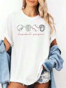 1 Baseball Season T-Shirt, Baseball Game Day Gift, Women's College Baseball T-Shirt, Gift For Mom, Father's Day Gift, Funny Graphic Tees For College Game Day For Men And Women, Casual Loose Crew Neck T-Shirts, Women's Plus Size 180g Graphic Tees, Soccer World Cup Print Short Sleeve T-Shirts For Mother's Day, Summer Fashion Tops. - 白色 - 查看 3