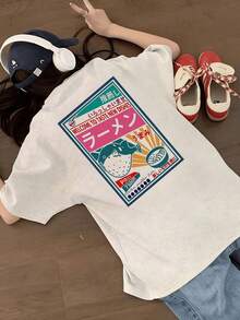Y2K女款時尚寬鬆圓領復古日系卡通河豚印花短袖T恤，夏季休閒 - 淺花灰 - 查看 3