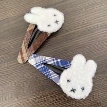 MIFFY 韩版秋冬新款兔子格子BB夹可爱毛绒刺绣刘海侧夹发饰，日系可爱风，蓝棕格子配色，3D蓬松米菲兔头，美观柔软的毛绒和布料材质，金属夹子牢固固定 - 彩色 - 查看 8