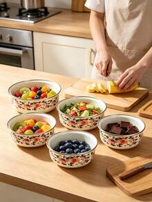 5PCS Enamel Multi-Function Bowl Set, Suitable For Vegetables, Fruits, Salads, Oatmeal Preparation, Suitable For Home Kitchen, Outdoor Camping, Can Be Put In Refrigerator As Fresh-Keeping Bowl, Stackable Storage Bowl With Lid, Back To School Gift - Retro Multi-colored Bowl - View 9