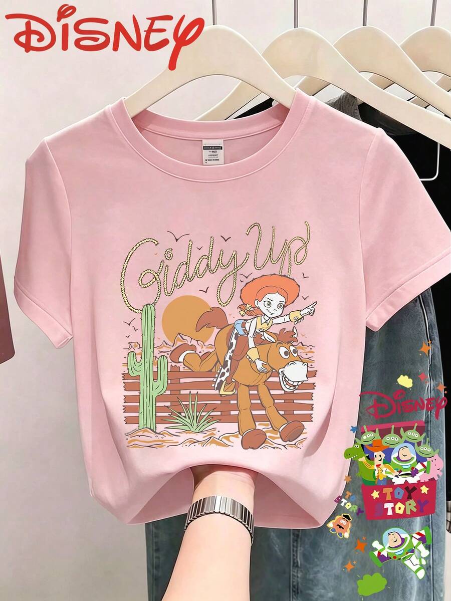 Disney Western Style Toy Story Cuisi Printed Spring And Summer Round Neck Short Sleeved T-Shirt, Casual And Versatile, Comfortable Fabric, Suitable For All Seasons - 粉色 - 查看 1