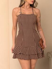 Women's Short Checkered Dress With Open Back And Crossover Detail, For June Festivals, Saint John's Day, With Ruffles, Dune Color, Sizes P To G (Sizes P To G). - 鏽棕色 - 查看 4