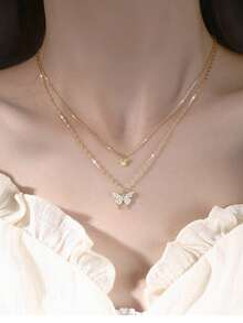 Dây chuyền hai lớp sang trọng, nhẹ nhàng với mặt dây chuyền hình trái tim bướm đính kim cương, kiểu dáng đa năng và độc đáo, phù hợp cho thanh thiếu niên. - Vàng - Xem 3