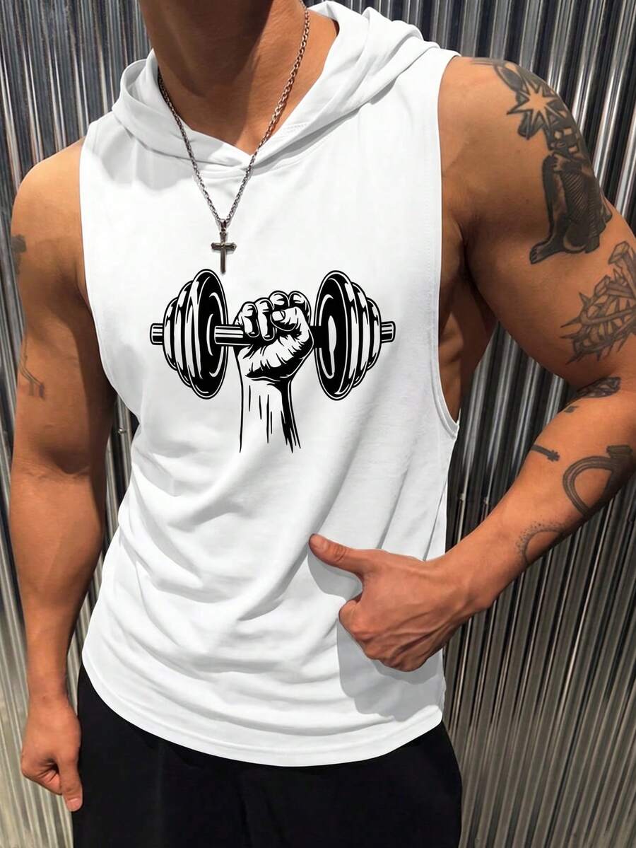 Men's Summer Hooded Drawstring Sleeveless Vest, Fitness Barbell Print Casual Sports Racerback Tank Top T-Shirt - White - View 1