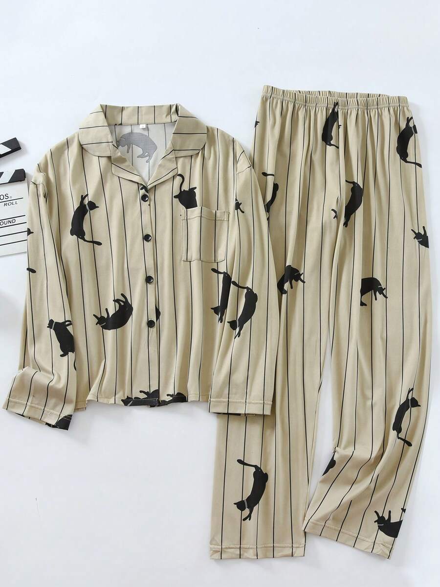 2pcs Women Pajama Set, Spring & Autumn Long Sleeve Striped Pants, New Cat Print Design, Suitable For Loungewear - Apricot - View 1
