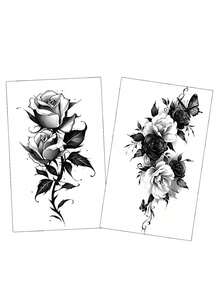 2pcs Butterfly & Rose Temporary Tattoo Stickers, Waterproof And Easy To Use Fake Tattoos With Butterfly Pattern, Suitable For Women's Arms, Hands, Feet, Legs, Perfect For Parties And Music Festivals - Black - View 10