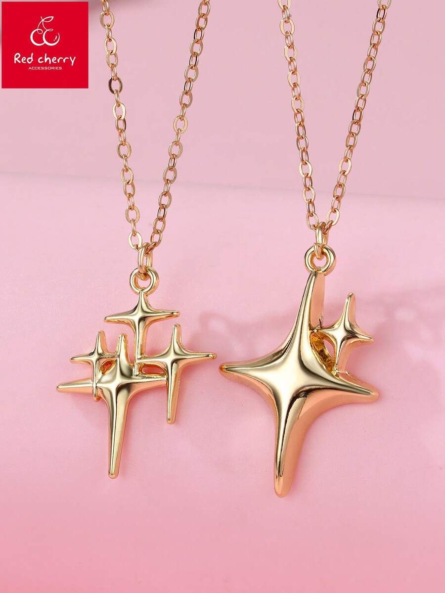 2件套儿童时尚精致星星吊坠项链套装，适合日常佩戴、送礼和节日佩戴 - 金色 - 查看 1