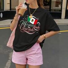 Camiseta Negra con Estampado Mexico Lindo Querido Bandera Mexicana para Mujer Casual Verano - Negro - Ver 3