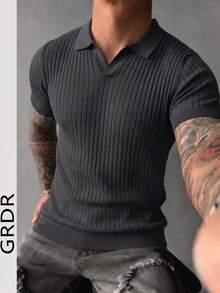 GRDR 男士夏季飞机领罗纹纯色短袖针织衫，适合夏季外出，时尚造型必备单品 - 深灰色 - 查看 3