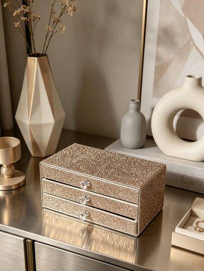 1 Pc 3 Drawer Rhinestone Jewelry Box, Large Capacity Multifunctional Jewelry Organizer, Luxury Sparkle Storage Case, 5 Colors (Black)