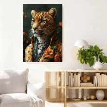 1 pieza, con marco, [2D Plano]de Leopardo con Traje Floral, Decoración de Pared Estilo Animal Exótico, Idea de Regalo Elegante, 2D Plano - Enmarcado - Ver 2