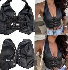 Cropped Halter Corset In PU Leather With Front Lacing - 黑色 - 查看 3