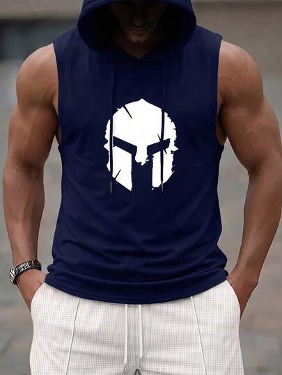 Camiseta sin mangas con capucha estampada para hombre, sudadera deportiva casual de verano, azul marino