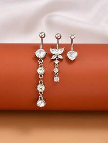 3pcs Gold/Silver Butterfly & Tassel Belly Button Rings Set, Classic Pendant Stainless Steel Piercing Jewelry For Daily Wear - Multicolor - View 11