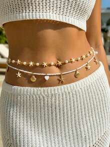 2pcs Bohemian Fashion Double-Layer Starfish & Faux Pearl Beach Waist Chain, Versatile Body Chain, Sexy Summer Beach Bikini Accessory - Multicolor - View 1