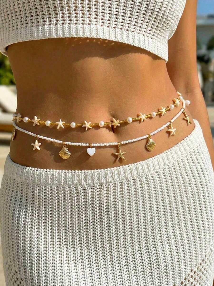 2pcs Bohemian Fashion Double-Layer Starfish & Faux Pearl Beach Waist Chain, Versatile Body Chain, Sexy Summer Beach Bikini Accessory - Multicolor - View 1