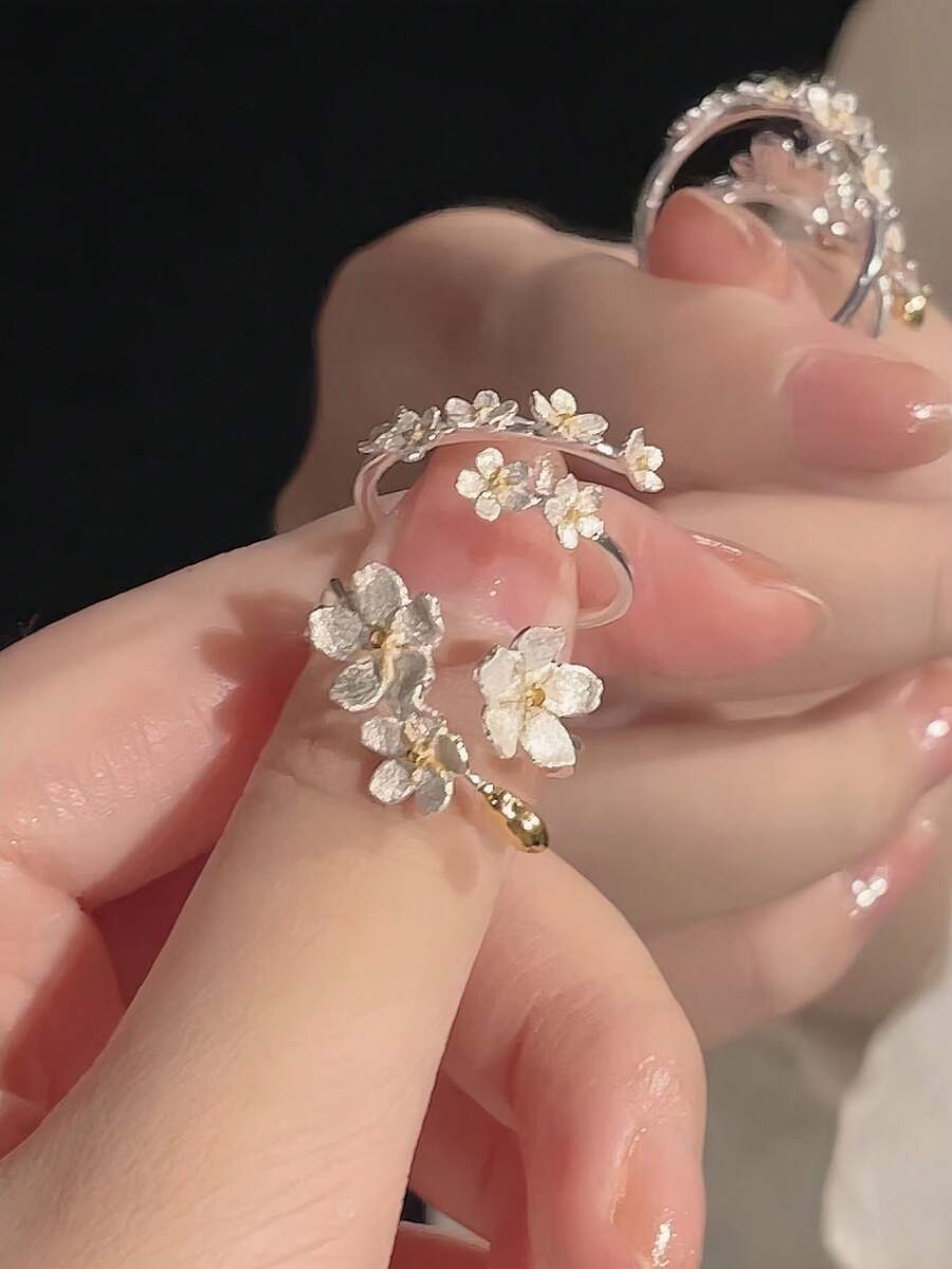 2pcs/Set Cincin Terbuka Motif Bunga 3D Romantis Prancis & Gugusan Bunga Sakura, Cocok untuk Pemakaian Sehari-hari Wanita, Festival, Pantai, Pesta, Hadiah Luar Biasa untuk Pasangan atau Sahabat Terbaik - Putih - View 1
