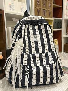 新款清新竖条纹蝴蝶结印花女式双肩包，配珍珠丝带吊坠，甜美校园学生书包，大容量透气双肩包。这款双肩包可轻松搭配日常上学、通勤或周末郊游。 - 彩色 - 查看 13