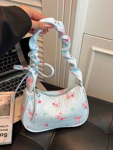 Spring/Summer New Arrival - Cute Floral Print Crossbody Bag, Decorated With Ribbon And Bow, Lightweight Polyester Shoulder Bag, Suitable For Commuting And Travel, Black & White Design With Pink Floral Pattern, Commuter Bag Floral Print Lightweight Bag - Blue - View 8