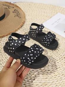 1 par de sandalias planas de suela gruesa para niños en verano, diseño de lunares con cierre de gancho y bucle, sandalias de princesa para exteriores - Negro - Ver 2