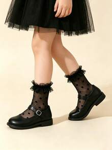 3 Pairs Girls Children Summer Thin Mesh Short Socks, Flocked Polka Dot + Lace Trim, Multiple Colors Available, Princess Style Versatile, Suitable For Back To School Season - Black - View 4
