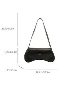 时尚简约PU皮革腋下包，复古弧形法棍包，字母印花手提包，适合通勤、约会和日常休闲穿着 - 黑色 - 查看 7