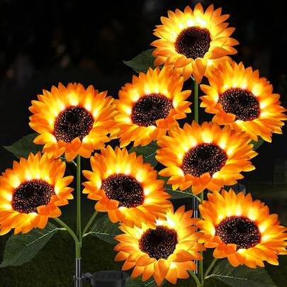 3 piezas Luces de jardín solares con forma de girasol - Flores artificiales de alta calidad con iluminación solar, pétalos amarillos vibrantes y hojas verdes, ideales para el patio, decoración del jardín, Halloween, celebraciones de Acción de Gracias, decoración navideña del jardín | Ornamentos florales vívidos | Luces LED de alta calidad, luces de jardín solares