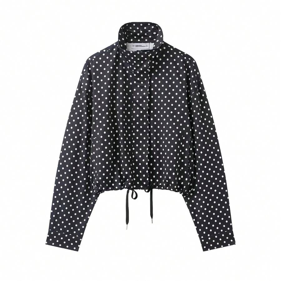 Conjunto de chaqueta de gasa con lunares y cordón ajustable + mini shorts a la moda - techo negro - Ver 1