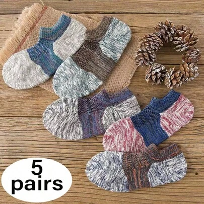 1/5 Pairs Men's Spring/Autumn Thick Yarn Socks, Colorblock Mesh Breathable Low-Cut Retro Style Boat Socks