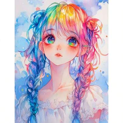 1幅5D DIY钻石画，彩虹编织动漫女孩主题钻石艺术品，DIY手工钻石贴纸画，无框，客厅卧室装饰，送给妈妈的礼物