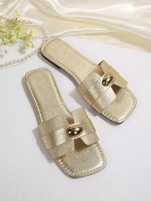 OBOVAY 1 par de sandálias femininas confortáveis e leves na cor dourada, com bico quadrado e detalhe de laço, modelo sem fecho, ideais para casa, atividades ao ar livre na primavera/verão, férias casuais no campo, chinelos de praia da moda, chinelos de banheiro, chinelos de noiva e chinelos de verão. - Ouro - Ver 6