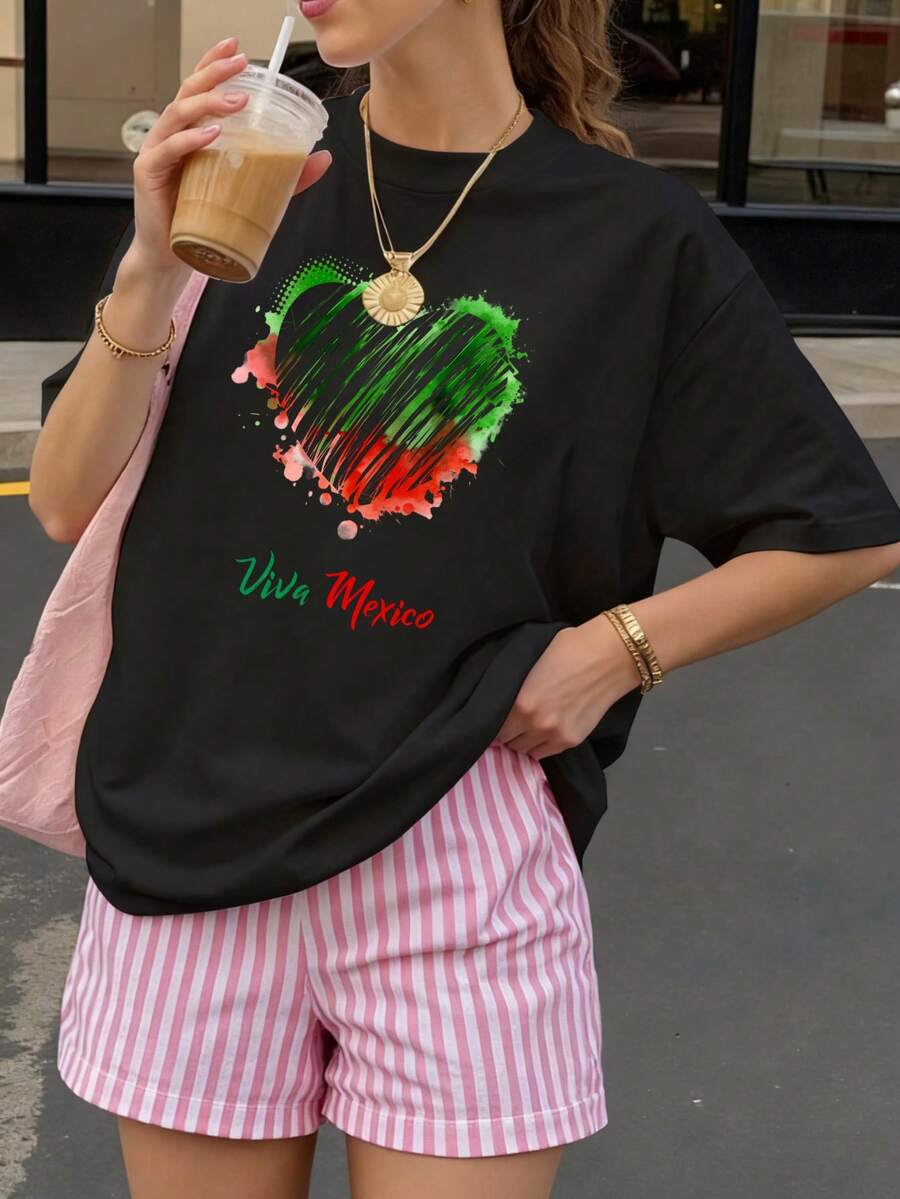 Camiseta negra con estampado de corazón mexicano y texto Viva Mexico para ocasiones casuales - Negro - Ver 1