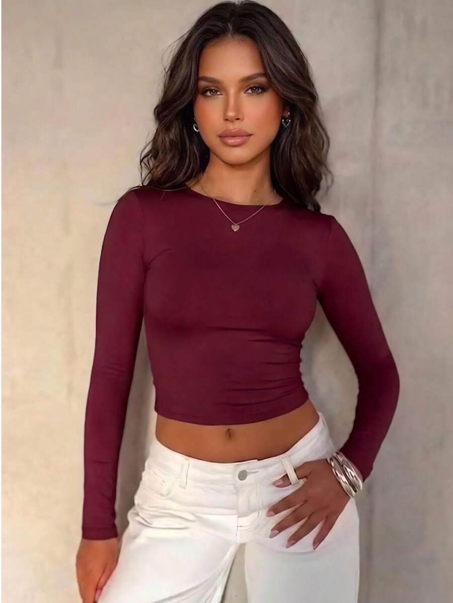Women's Ribbed Slim Fit Soft Top, Long Sleeve Scoop Neck Bodycon Casual Top - Burgundy - View 1