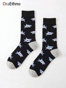 1 đôi tất dài đến bắp chân, unisex, màu đen, họa tiết cá mập, phối màu tương phản, chất liệu polyester thoáng khí, thích hợp để mang hàng ngày hoặc làm quà tặng. - Nhiều màu - Xem 4