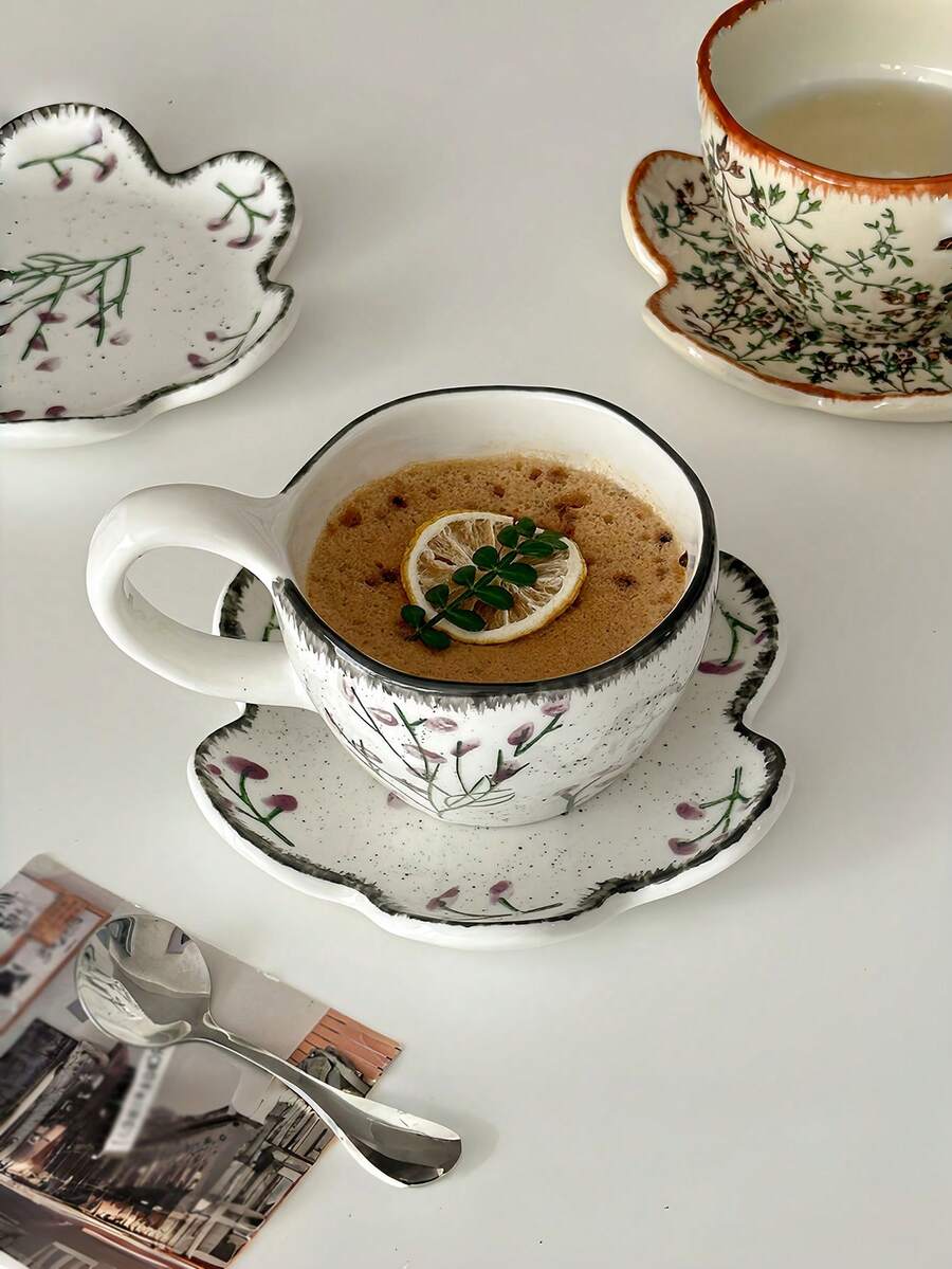 1pc Hand-Painted Floral Coffee Cup & Saucer Ceramic Tableware Set, Rustic Style For Latte, Water, Milk, Oatmeal, Tea, Juice, Breakfast, Coffee, Beverages, Suitable For Cafe, Home, Restaurant, Party, Office, Father's Day, Mother's Day, Friend, Boyfriend/Girlfriend, Family, Teacher, Coworker Gifts, Halloween, Christmas - Multicolor - View 1
