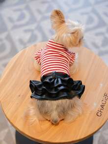 1pc Striped Top With Faux Leather Skirt, Comfortable Breathable Pet Dress, Fashionable For Yorkshire Terrier, Chihuahua, Miniature Dogs Daily And Party Wear, Cute Ruffle Pet Outfit - Multicolor - View 39