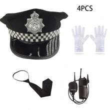 4件套角色扮演道具套装，包括帽子、领带、对讲机和手套，适合万圣节角色扮演派对、夏季、海滩、假日等场合。 - 彩色 - 查看 6