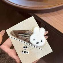 MIFFY 韩版秋冬新款兔子格子BB夹可爱毛绒刺绣刘海侧夹发饰，日系可爱风，蓝棕格子配色，3D蓬松米菲兔头，美观柔软的毛绒和布料材质，金属夹子牢固固定 - 彩色 - 查看 14