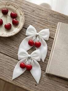 1/2Pcs Cherry Hair Bows For Women, Cute Red Cherry White Satin Ribbon Bowknot Hair Clips, Sweet Aesthetic French Barrettes Summer Hair Accessories Holiday Accessories Summer Travel,Vacation,Festival,Birthday, Claw Clips - White - View 7