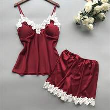 Nuevo conjunto de dos piezas de ropa de descanso con tirantes de encaje y pantalones cortos de encaje con cintura en V profunda multicolor europeo y americano - Marrón - Ver 6