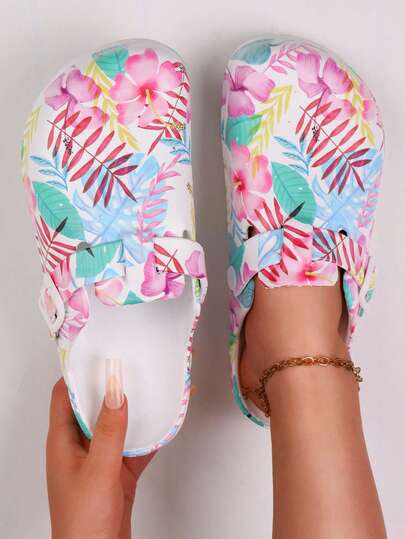 pueenb Zuecos de mujer de moda para el verano, con estampado floral rosa, con suelas gruesas y cómodas - Ligeros, elegantes para todo tipo de clima, fáciles de poner, zapatos de jardín con plantillas suaves y correas ajustables, adecuados para uso diario, trabajo o actividades de ocio.