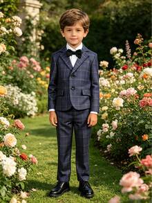 3pcs Tween Boy Plaid Suit Set, Autumn/Winter, Pageboy Outfit For Wedding, Baby's 1st Birthday, Piano Recital (Jacket + Pants + Bowtie) - Grey - View 1